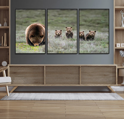 40555-MGV-CV-36X24-Bear Family Wall Art – Wildlife Canvas Print of Mother Bear with Four Cubs in Nature, Rustic Animal Artwork for Living Room,
