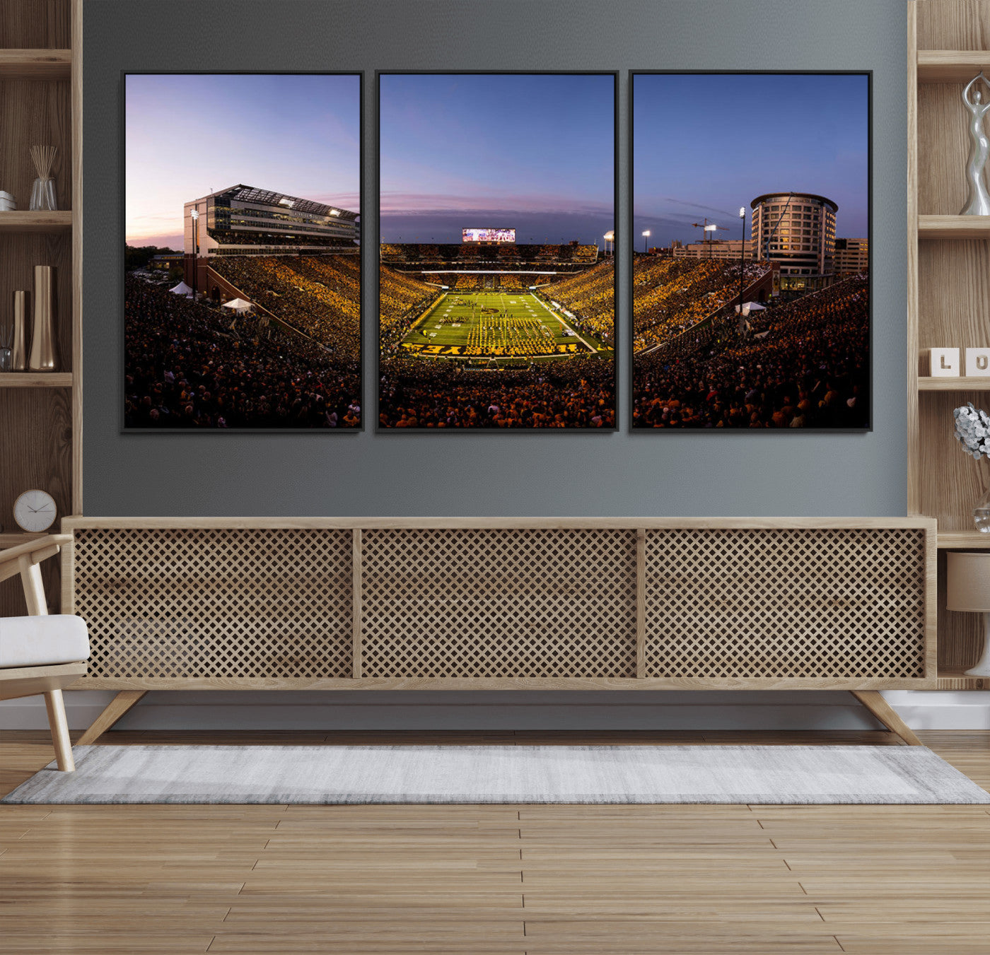 82557-MGV-FC-60X30-3P_Black-College Football Stadium Wall Art – Panoramic Sunset Canvas Print with Marching Band and Game Day Crowd, Sports Artwork for Man