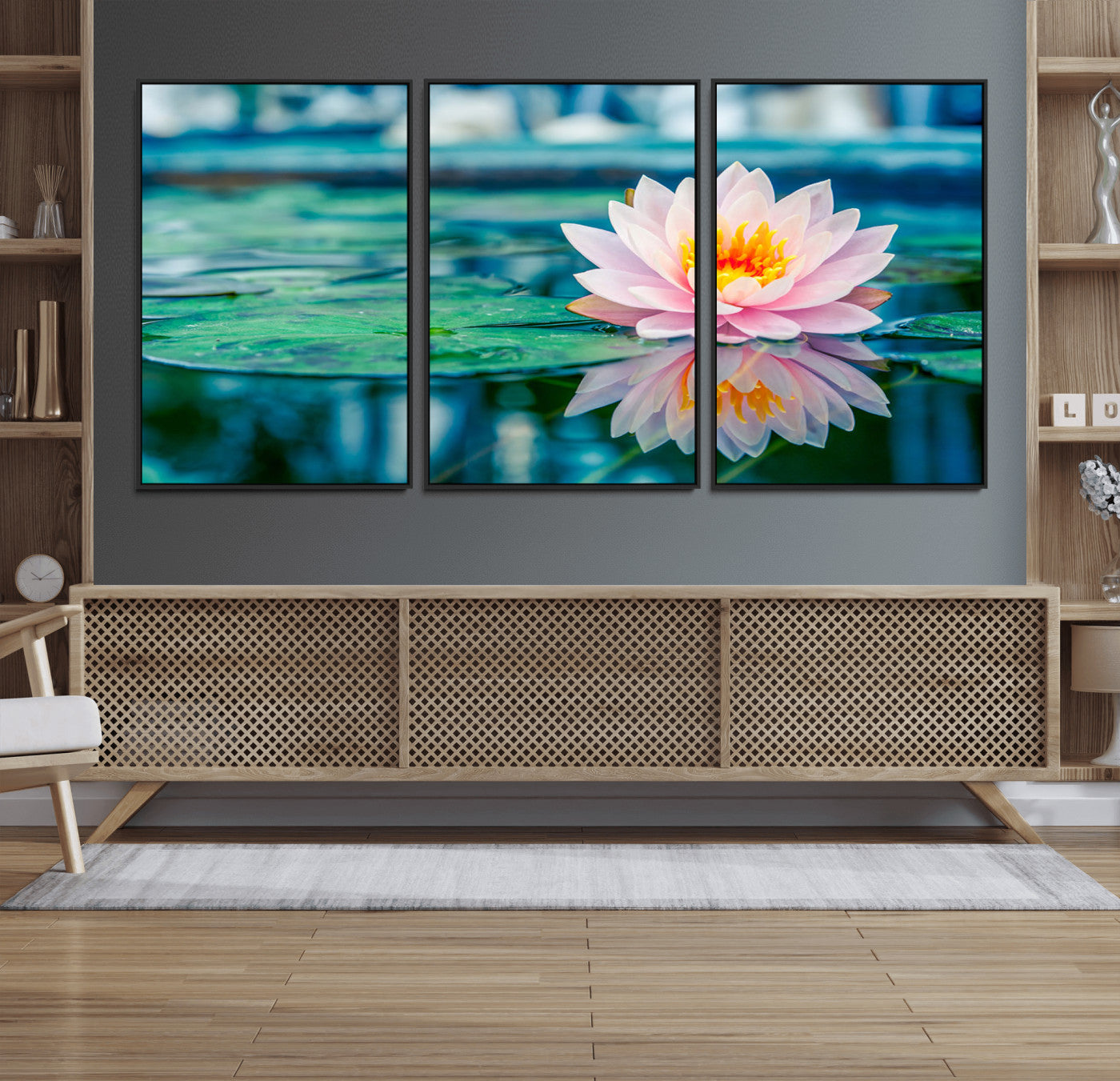 30320-MGV-FC-60X30-3P_Black-Pink Water Lily Wall Art – Lotus Flower Canvas Print with Reflection Water, Peaceful Botanical Artwork for Living Room, Bedroom,