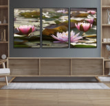 28394-MGV-FC-60X30-3P_Black-Water Lily Pond Wall Art – Pink Lotus Flowers Canvas Print with Green Lily Pads, Peaceful Botanical Artwork for Living Room,