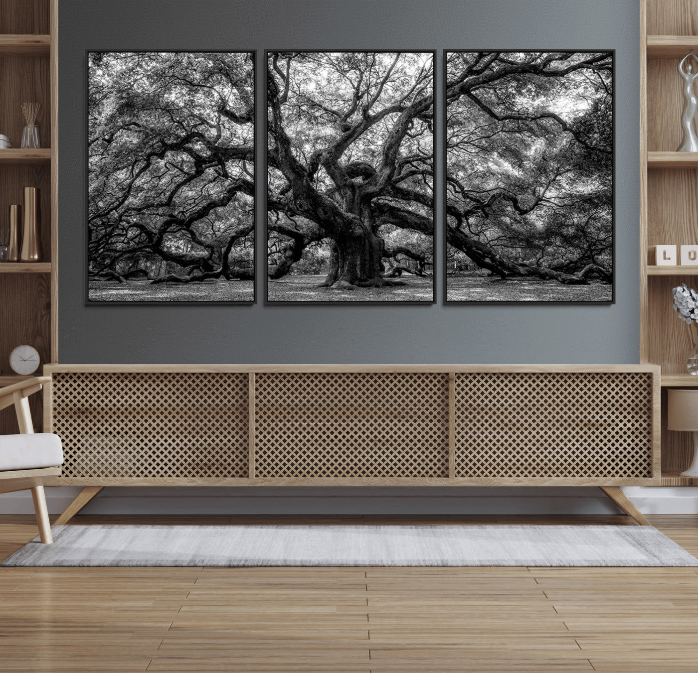 132944706-MGV-FC-60X30-3P_Black-Ancient Tree Wall Art – Black and White Photography Canvas Print Featuring Majestic Twisting Branches, Rustic Nature Artwork for