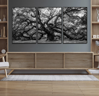132944706-MGV-FC-60X30-3P_Black-Ancient Tree Wall Art – Black and White Photography Canvas Print Featuring Majestic Twisting Branches, Rustic Nature Artwork for