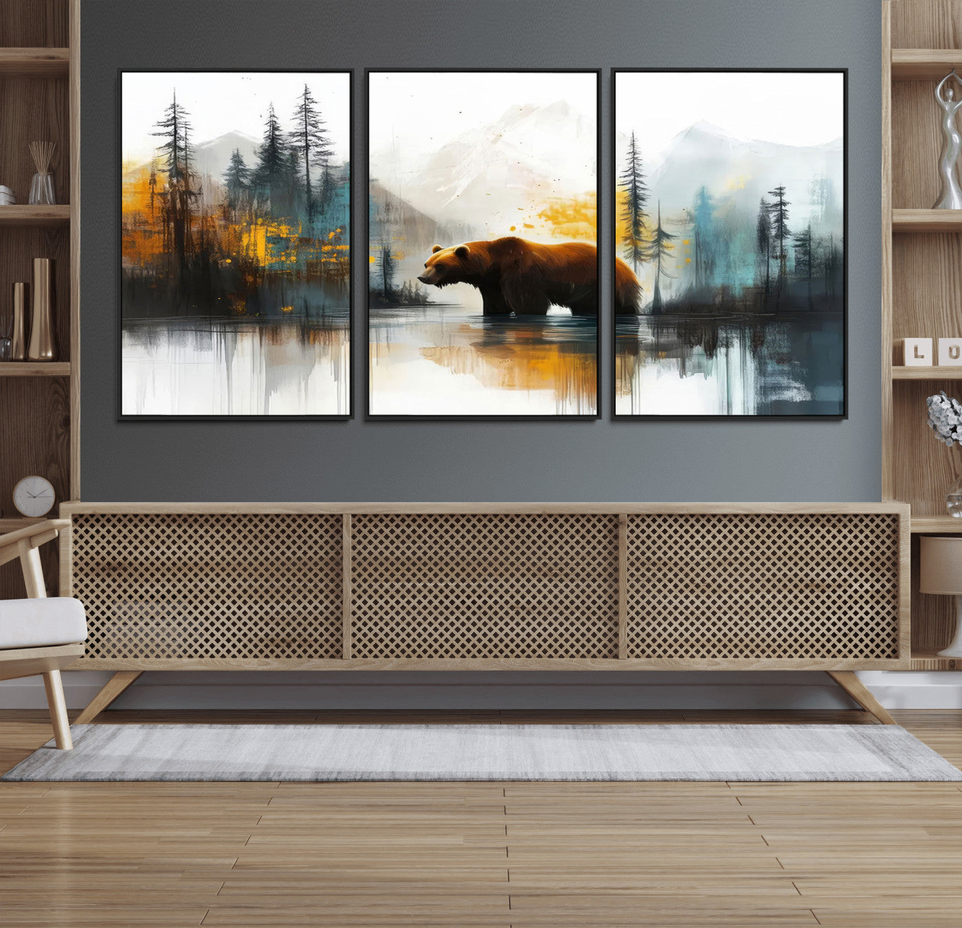 50308-MGV-CV-36X24-Abstract Rustic Bear Wall Art – Forest and Mountain Scene Canvas Print, Nature Artwork for Modern Farmhouse or Log Cabin Decor