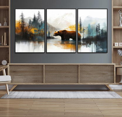 50308-MGV-FC-60X30-3P_Black-Bear Wilderness Wall Art – Mountain Forest Canvas Print, Rustic Cabin Decor with Wildlife Landscape, Nature Artwork for Lodge,