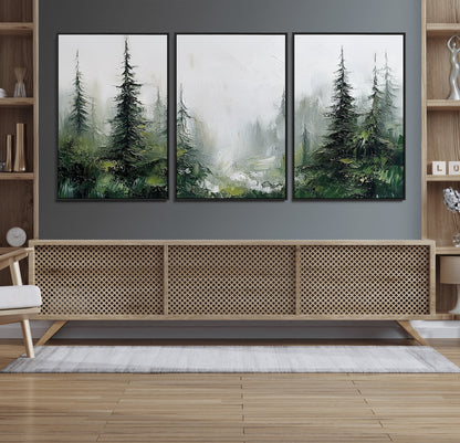 76014-MGV-FC-60X30-3P_Black-Forest Wall Art – Textured Canvas Print Featuring Misty Evergreen Pines and Woodland Landscape, Rustic Nature Artwork for Living