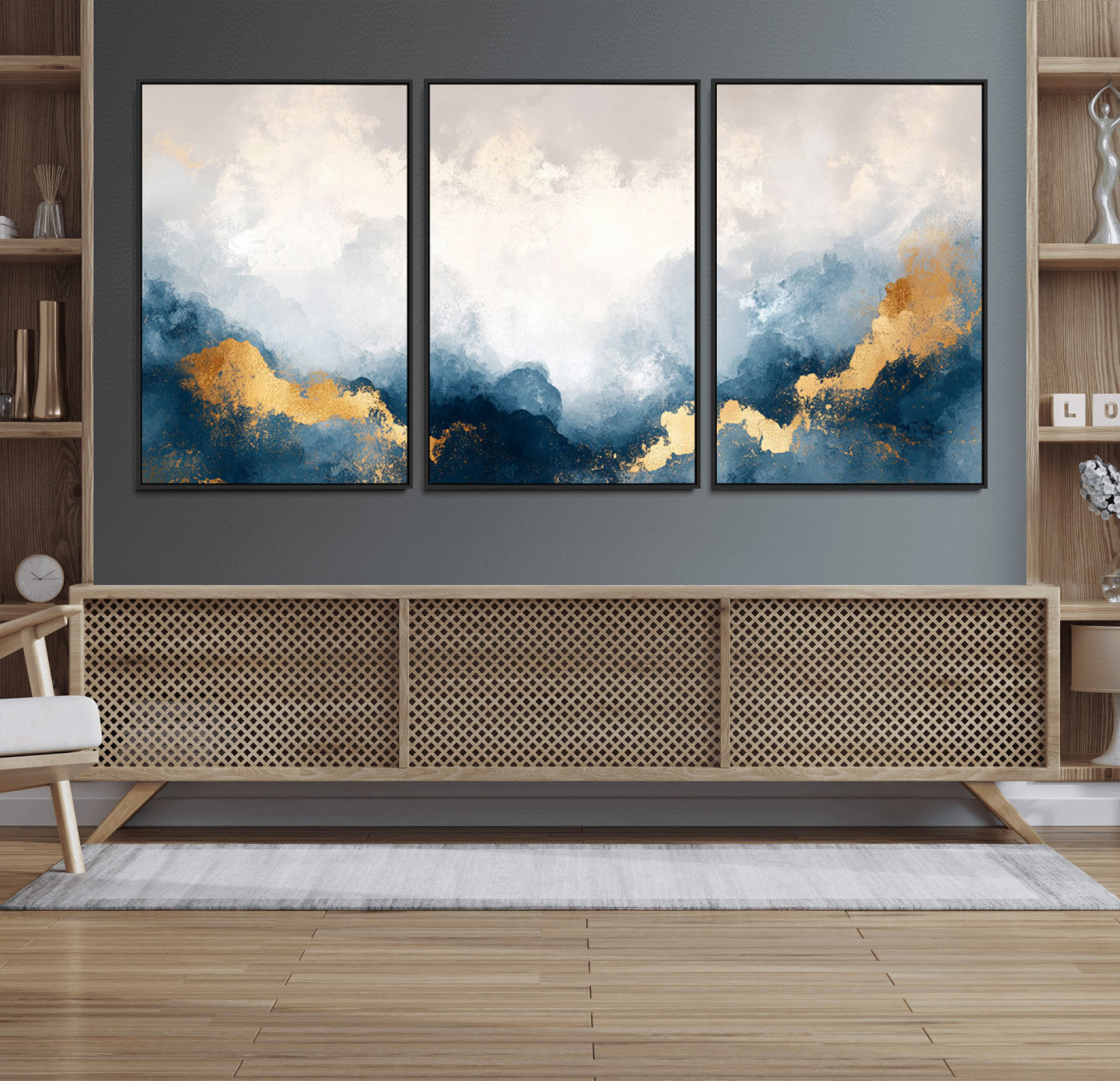 14578-MGV-FC-60X30-3P_Black-Abstract Wall Art – Modern Canvas Print Featuring Blue and White Clouds with Golden Accents, Contemporary Elegant Artwork for
