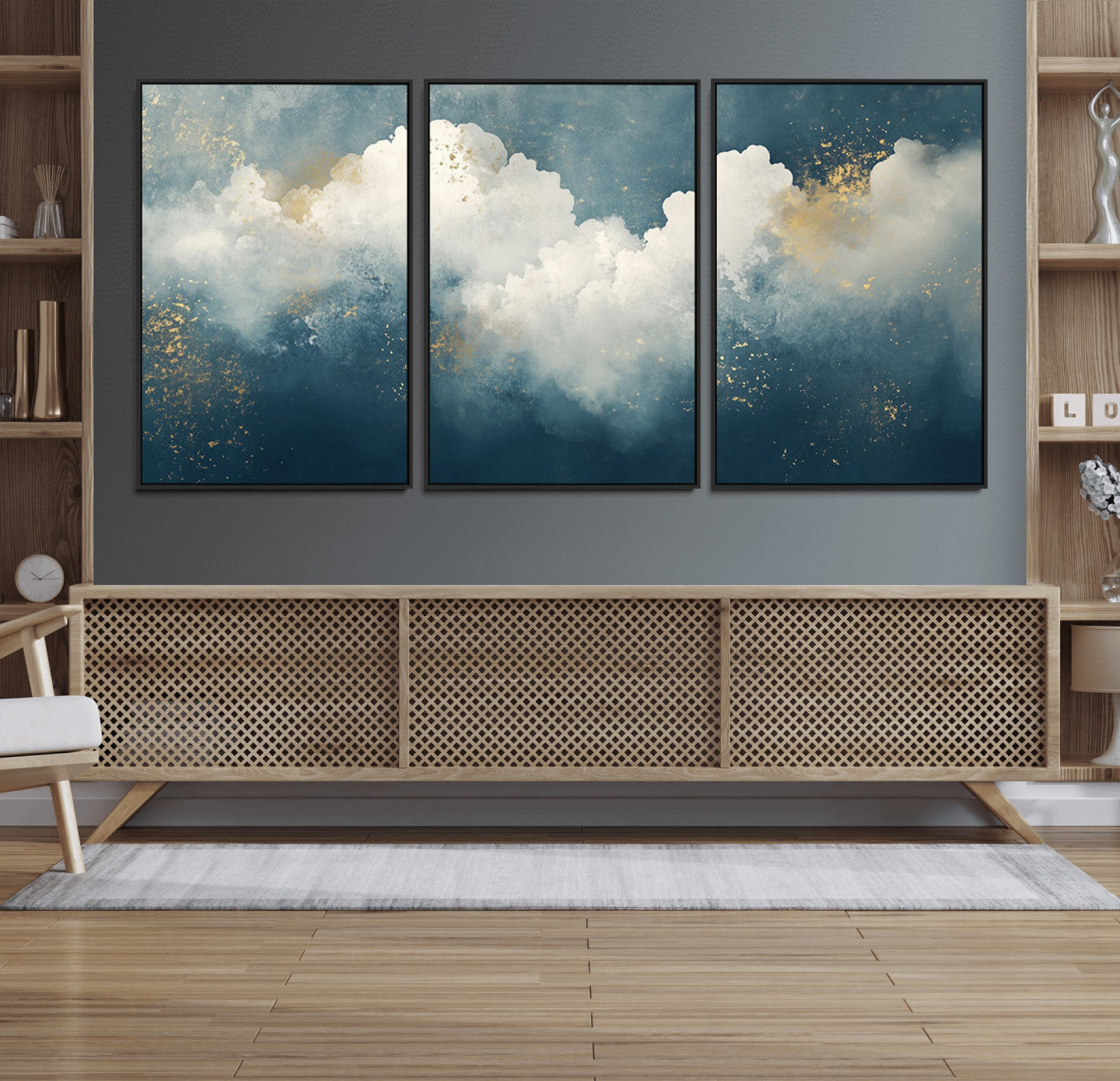 75131-MGV-FC-60X30-3P_Black-Abstract Cloud Wall Art – Modern Canvas Print Featuring Blue and White Clouds with Golden Accents, Contemporary Artwork for Living