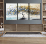 24771-MGV-FC-60X30-3P_Black-Silver Tree Wall Art Canvas Print, Framed Golden Leaves Art Picture Print, Metallic Tree Perfect Minimalist Luxury Decor Artwork