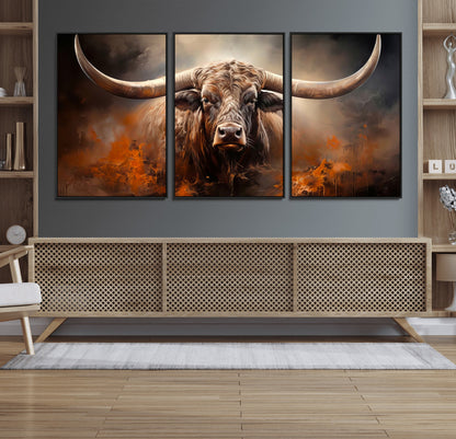 240479-MGV-FC-60X30-3P_Black-Longhorn Bull Wall Art – Dramatic Western Canvas Print Featuring Horned Bull with Fiery Background, Rustic Farmhouse Artwork for
