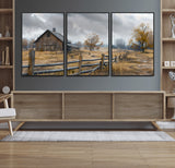 Farm1-MGV-CV-36X24-Rustic Autumn Farmhouse Wall Art – Serene Countryside Scene Canvas Print, Weathered Barn and Autumn Trees Decor for Living Room,