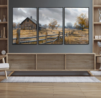 Farm1-MGV-CV-36X24-Rustic Autumn Farmhouse Wall Art – Serene Countryside Scene Canvas Print, Weathered Barn and Autumn Trees Decor for Living Room,