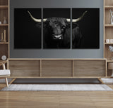 97914921-MGV-FC-60X30-3P_Black-Black Bull Wall Art Canvas Print, Framed Longhorn Bull Art Picture Print, Western Bull Perfect Monochrome Western Decor Artwork