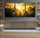 13776802-MGV-FC-60X30-3P_Black-Golden Forest Wall Art Canvas Print, Framed Sunset Pines Art Picture Print, Flying Birds Perfect Nature Glow Decor Artwork