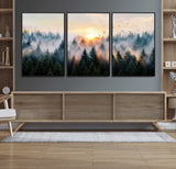 56391411-MGV-FC-60X30-3P_Black-Misty Forest Wall Art Canvas Print, Framed Sunrise Pines Art Picture Print, Moody Pines Perfect Serene Woodland Decor Artwork