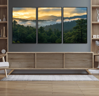 68082278-MGV-FC-60X30-3P_Black-Mountain Sunrise Wall Art Canvas Print, Framed Pine Forest Art Picture Print, Misty Mountains Perfect Earthy Woodland Decor