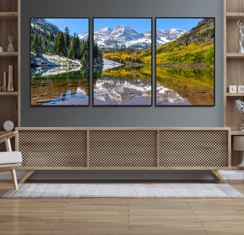 87724099-MGV-FC-60X30-3P_Black-Maroon Bells Wall Art Canvas Print, Framed Snowy Mountains Art Picture Print, Pine Forest Perfect Vibrant Alpine Decor Artwork