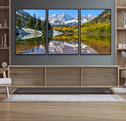 87724099-MGV-FC-60X30-3P_Black-Maroon Bells Wall Art Canvas Print, Framed Snowy Mountains Art Picture Print, Pine Forest Perfect Vibrant Alpine Decor Artwork
