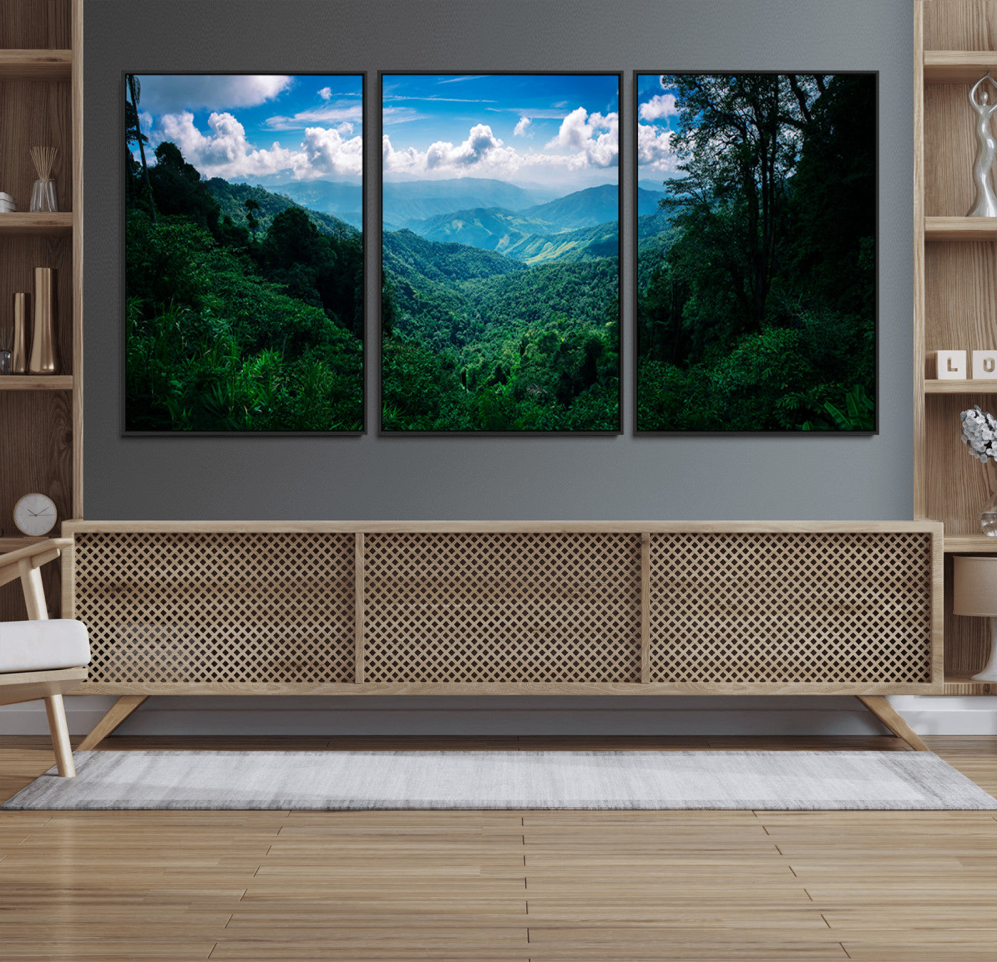 74439378-MGV-FC-60X30-3P_Black-Tropical Jungle Wall Art Canvas Print, Framed Lush Valley Art Picture Print, Forest Mountains Perfect Tropical Wilderness Decor