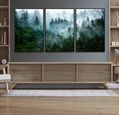 17393683-MGV-FC-60X30-3P_Black-Misty Forest Art Wall Art Canvas Print, Framed Foggy Mountain Art Art Picture Print, Scenic Wall Print Perfect Decor Artwork