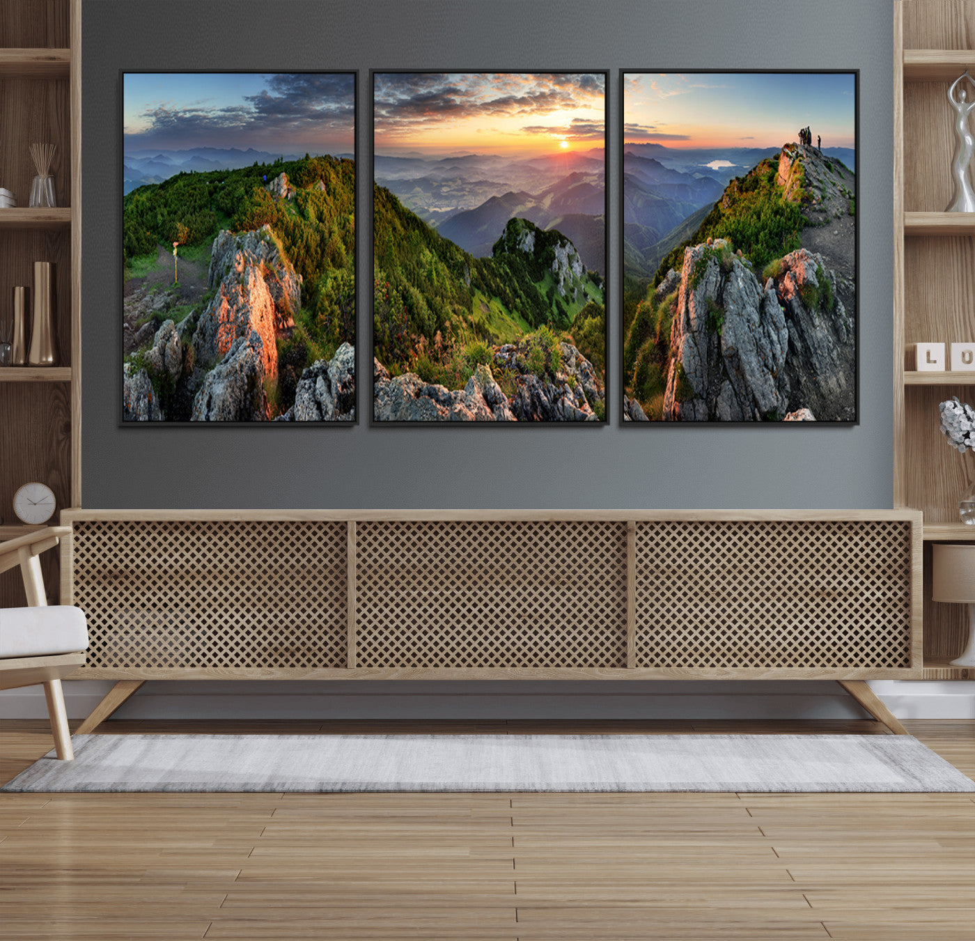 51582565-MGV-FC-60X30-3P_Black-Mountain Sunrise Panorama Wall Art – Scenic Landscape Canvas Print, Hiking Adventure Nature Photography, Large Mountain Range Wall