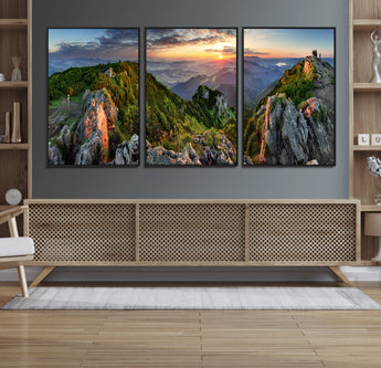 51582565-MGV-FC-60X30-3P_Black-Mountain Sunrise Panorama Wall Art – Scenic Landscape Canvas Print, Hiking Adventure Nature Photography, Large Mountain Range Wall