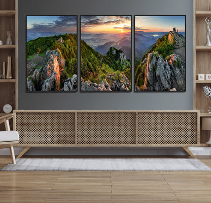51582565-MGV-FC-60X30-3P_Black-Mountain Sunrise Panorama Wall Art – Scenic Landscape Canvas Print, Hiking Adventure Nature Photography, Large Mountain Range Wall