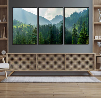 83417191-MGV-FC-60X30-3P_Black-Misty Mountain Forest Wall Art – Pine Tree Landscape Canvas Print, Nature Photography Panorama, Tranquil Green Forest Décor for