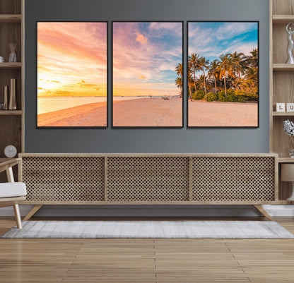 41542880-MGV-FC-60X30-3P_Black-Tropical Beach Wall Art Canvas Print, Framed Palm Trees Art Picture Print, Sunset Shore Perfect Tropical Coastal Decor Artwork