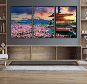 32331262-MGV-FC-60X30-3P_Black-Mount Fuji Japan Wall Art – Cherry Blossom Landscape Canvas Print, Chureito Pagoda Sunset Photography, Japanese Nature Travel