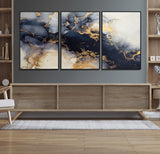 41136487-MGV-FC-60X30-3P_Black-Black Marble Wall Art Canvas Print, Framed Gold Veins Art Picture Print, Abstract Texture Perfect Moody Luxe Decor Artwork