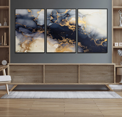 41136487-MGV-FC-60X30-3P_Black-Black Marble Wall Art Canvas Print, Framed Gold Veins Art Picture Print, Abstract Texture Perfect Moody Luxe Decor Artwork