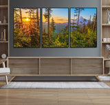 83544043-MGV-FC-60X30-3P_Black-Forest Sunset Wall Art Canvas Print, Framed Sunset Trees Art Picture Print, Green Pines Perfect Rustic Nature Decor Artwork