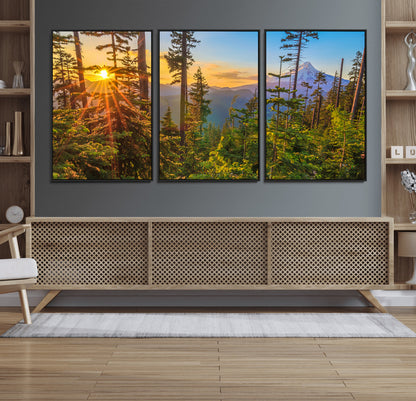 83544043-MGV-FC-60X30-3P_Black-Forest Sunset Wall Art Canvas Print, Framed Sunset Trees Art Picture Print, Green Pines Perfect Rustic Nature Decor Artwork
