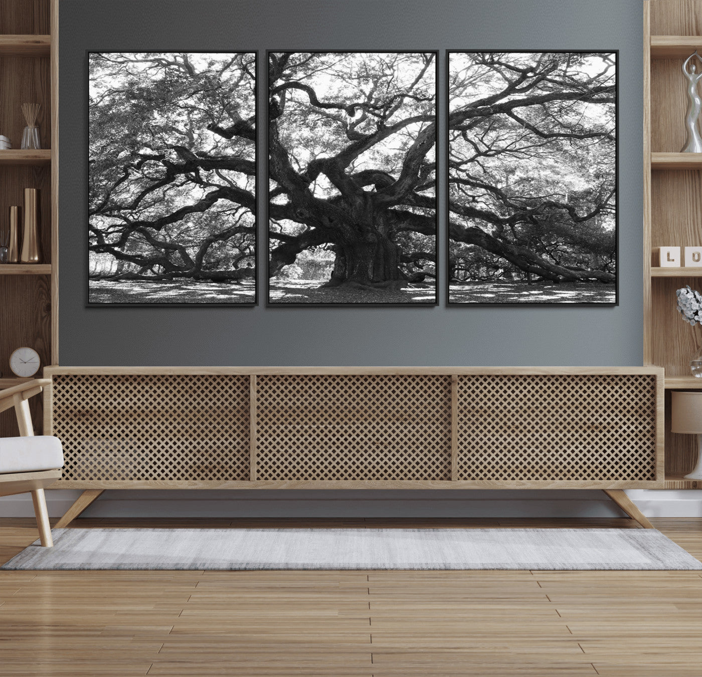 81655611-MGV-FC-60X30-3P_Black-Ancient Oak Wall Art Canvas Print, Framed Twisted Branches Art Picture Print, Gnarled Tree Perfect Moody Nature Decor Artwork