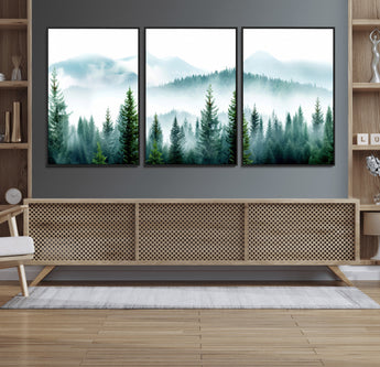 16716676-MGV-CV-36X24-Pine Forest Wall Art Canvas Print, Framed Misty Mountains Art Picture Print, Foggy Trees Perfect Moody Forest Decor Artwork