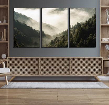 57570237-MGV-FC-60X30-3P_Black-Misty Valley Wall Art Canvas Print, Framed Foggy Forest Art Picture Print, Pine Trees Perfect Moody Woodland Decor Artwork