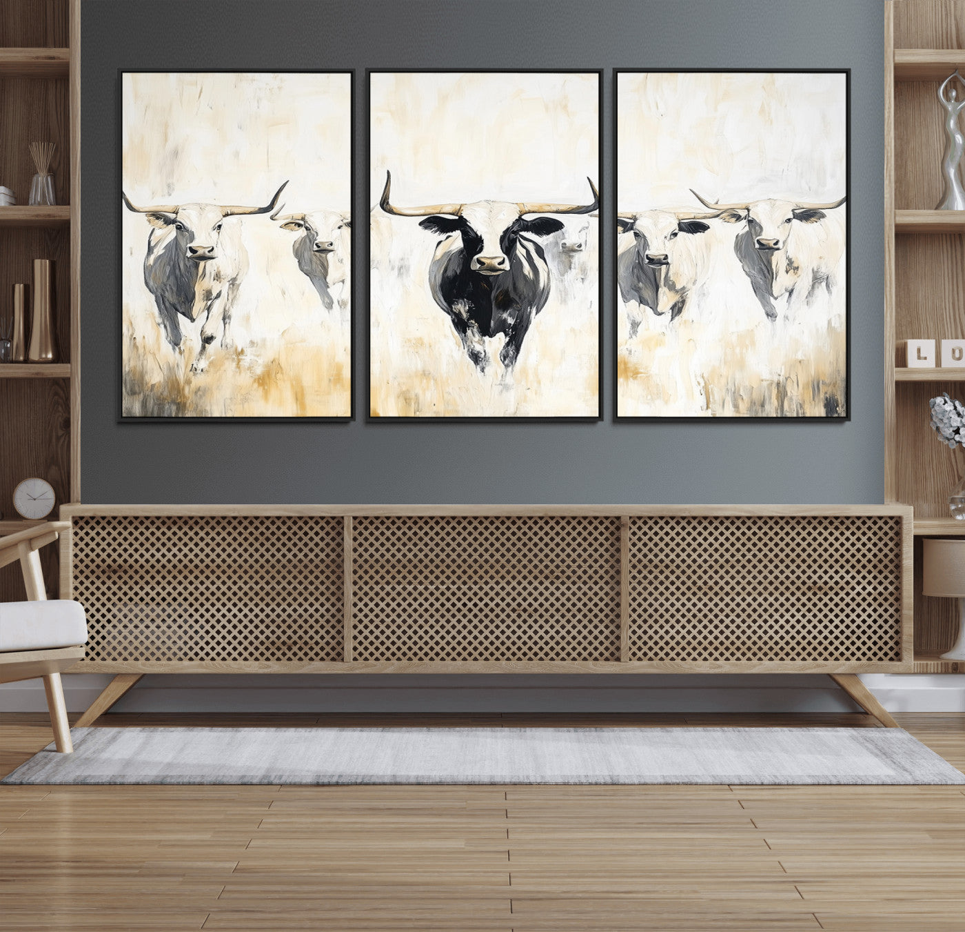 40397799-MGV-FC-60X30-3P_Black-Texas Longhorn Wall Art Canvas Print, Framed Rustic Herd Art Picture Print, Western Bull Perfect Neutral Western Decor Artwork