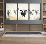 40397799-MGV-FC-60X30-3P_Black-Texas Longhorn Wall Art Canvas Print, Framed Rustic Herd Art Picture Print, Western Bull Perfect Neutral Western Decor Artwork