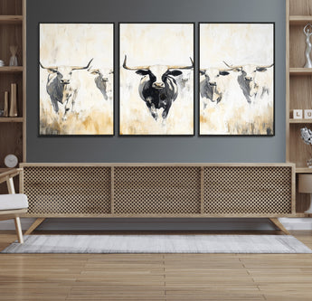40397799-MGV-FC-60X30-3P_Black-Texas Longhorn Wall Art Canvas Print, Framed Rustic Herd Art Picture Print, Western Bull Perfect Neutral Western Decor Artwork