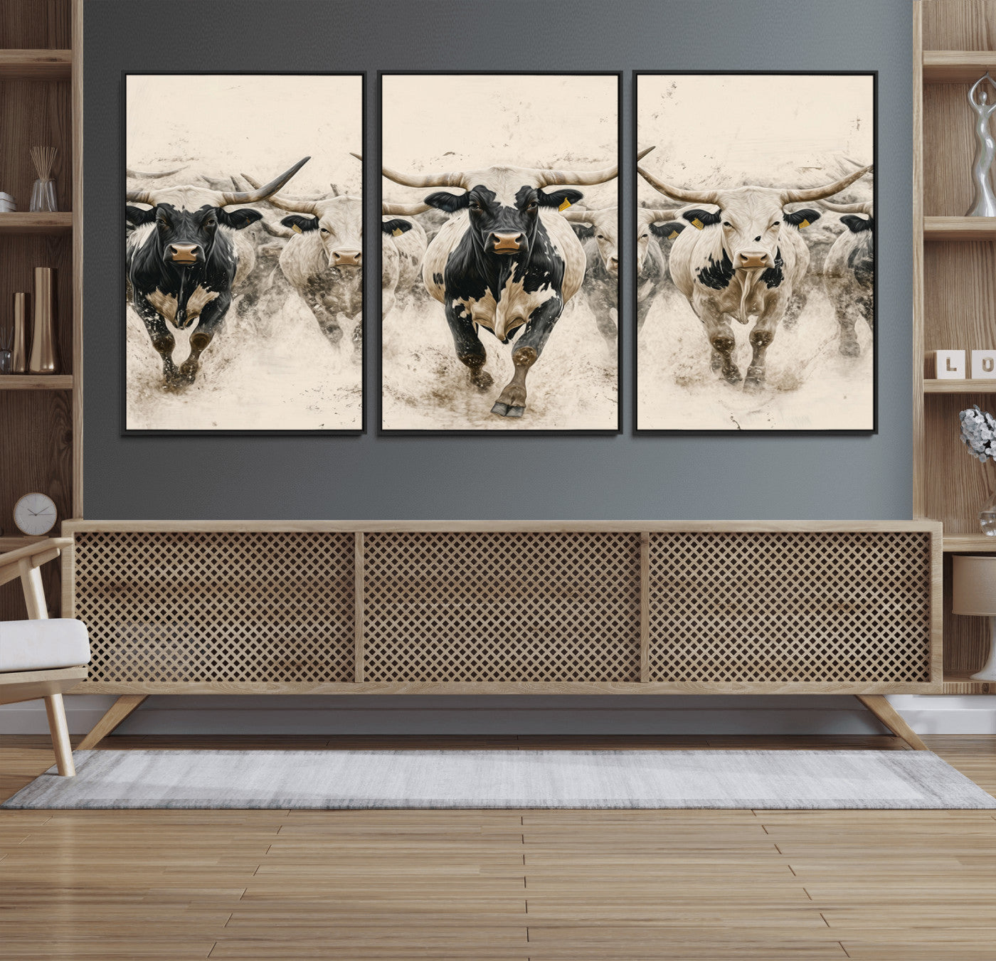 61538944-MGV-CV-36X24-Texas Longhorn Wall Art Canvas Print, Framed Cattles Walking Art Picture Print, Black White Bulls Perfect Rustic Western Decor