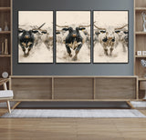 61538944-MGV-CV-36X24-Texas Longhorn Wall Art Canvas Print, Framed Cattles Walking Art Picture Print, Black White Bulls Perfect Rustic Western Decor