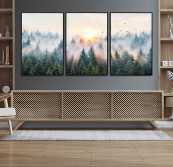 92718976-MGV-FC-60X30-3P_Black-Misty Forest Wall Art Canvas Print, Framed Sunrise Pines Art Picture Print, Foggy Woodland Perfect Moody Woodland Decor Artwork
