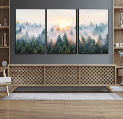 92718976-MGV-FC-60X30-3P_Black-Misty Forest Wall Art Canvas Print, Framed Sunrise Pines Art Picture Print, Foggy Woodland Perfect Moody Woodland Decor Artwork