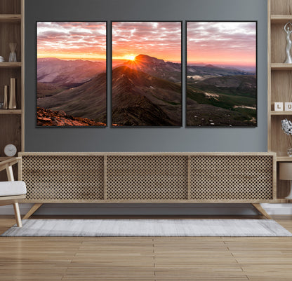 50957419-MGV-FC-60X30-3P_Black-Mountain Sunrise Wall Art Canvas Print, Framed Alpine Ridge Art Picture Print, Mountain Range Perfect Vibrant Rustic Decor Artwork