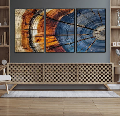 96890915-MGV-FC-60X30-3P_Black-Abstract Tree Ring Wall Art – Rustic Nature Canvas Print with Wood Grain Texture, Modern Earth Tone Artwork for Office, Living