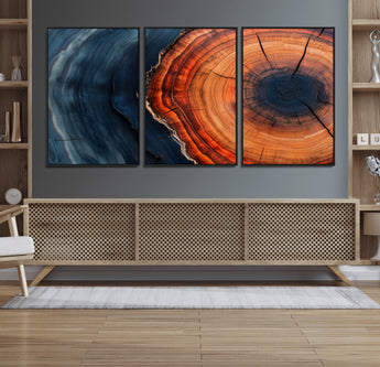 57732250-MGV-CV-36X24-Tree Ring Abstract Wall Art – Blue Orange Wood Grain Canvas Print, Modern Rustic Nature Artwork for Living Room, Office,