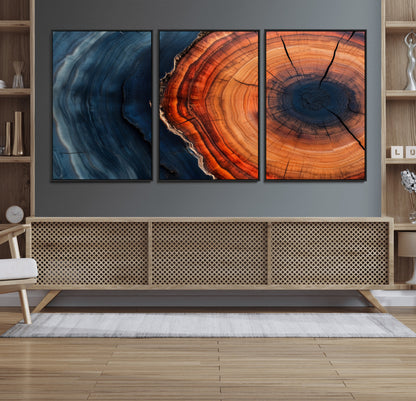 57732250-MGV-CV-36X24-Tree Ring Abstract Wall Art – Blue Orange Wood Grain Canvas Print, Modern Rustic Nature Artwork for Living Room, Office,
