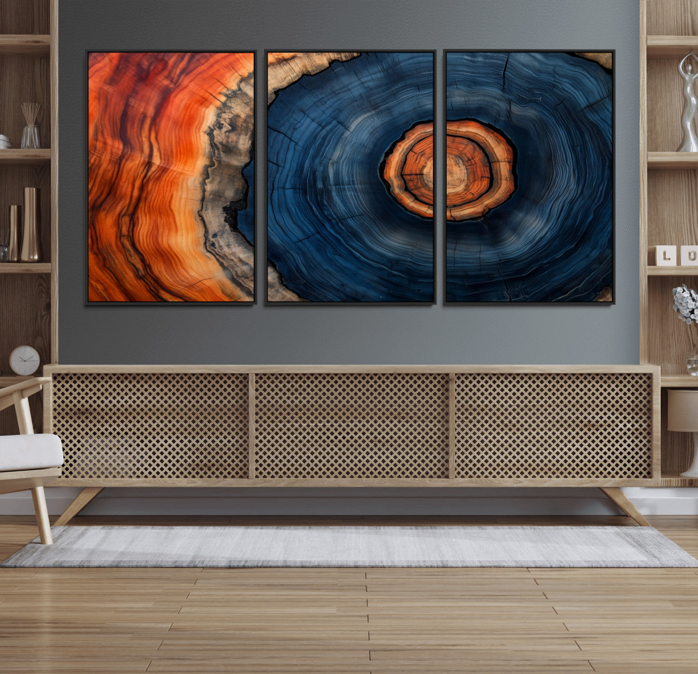 72209152-MGV-CV-36X24-Abstract Tree Ring Wall Art – Vibrant Blue Orange Wood Grain Canvas Print, Rustic Modern Nature Artwork for Living Room, Office,