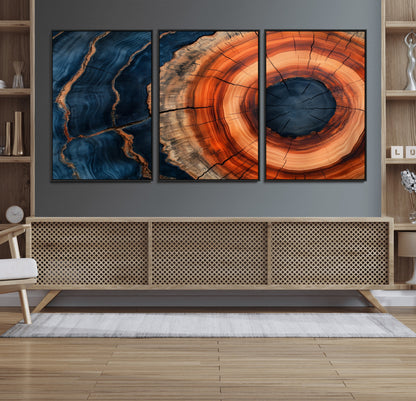 41123192-MGV-FC-60X30-3P_Black-Tree Ring Canvas Wall Art – Abstract Blue Orange Wood Grain Print, Rustic Modern Nature Artwork for Living Room, Bedroom, Office