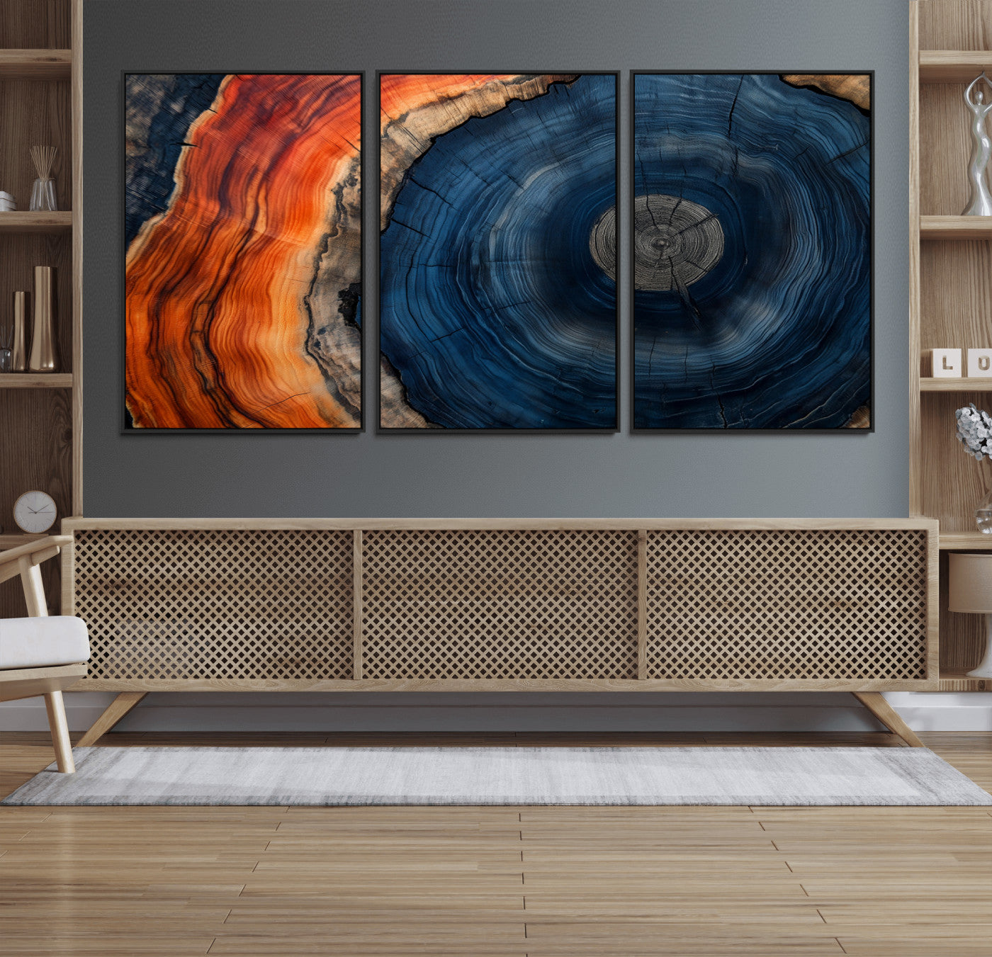 99491700-MGV-FC-60X30-3P_Black-Tree Ring Canvas Wall Art – Blue Orange Abstract Wood Grain Print, Rustic Modern Nature Artwork for Living Room, Office, Bedroom